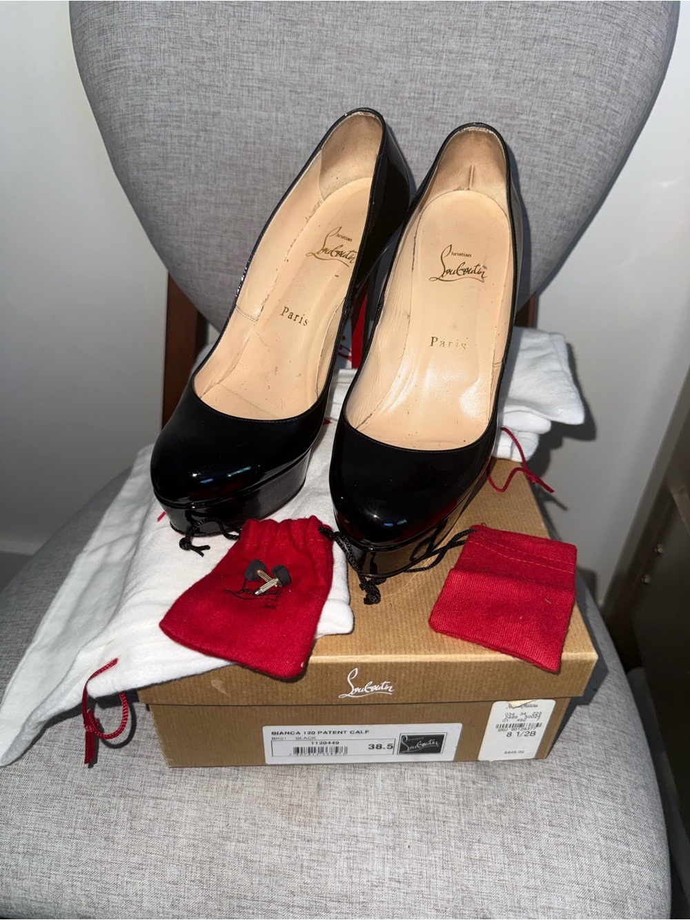 Christian Louboutin Black Patent Leather Platform Pump Red Sole 38.5